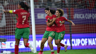 Sanaa Mssoudy of Morocco celebrates goal with teammates during the 2026 Womens Africa Cup of Nations match between Morocco and Algeria at Moulay El Hassan Stadium in Rabat, Morocco on 30 July 2026 BackpagePix/Nabil Ramdani