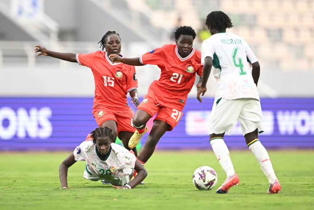 Sokhna Nogaye Tall Pene of Senegal challenged by Valerie Nekesa (l) and Fasila Adhiambo of Kenya (r) during the 2026 Womens Africa Cup of Nations football match between Senegal and Kenya at Olympic Stadium in Rabat, Morocco on 28 July 2026 ©Nokwanda Zondi/BackpagePix