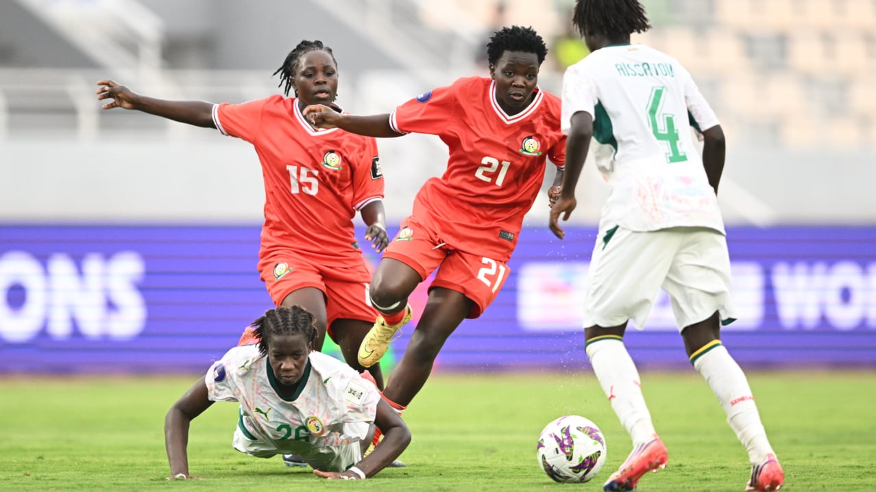 Sokhna Nogaye Tall Pene of Senegal challenged by Valerie Nekesa (l) and Fasila Adhiambo of Kenya (r) during the 2026 Womens Africa Cup of Nations football match between Senegal and Kenya at Olympic Stadium in Rabat, Morocco on 28 July 2026 ©Nokwanda Zondi/BackpagePix