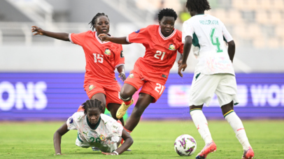 Sokhna Nogaye Tall Pene of Senegal challenged by Valerie Nekesa (l) and Fasila Adhiambo of Kenya (r) during the 2026 Womens Africa Cup of Nations football match between Senegal and Kenya at Olympic Stadium in Rabat, Morocco on 28 July 2026 ©Nokwanda Zondi/BackpagePix