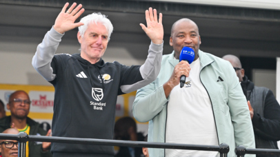 Hugo Broos and Gayton McKenzie during the FIFA World Cup 2026 South Africa Homecoming at OR Tambo International Airport in Johannesburg on 2 July 2026 ©Alche Greeff/BackpagePix