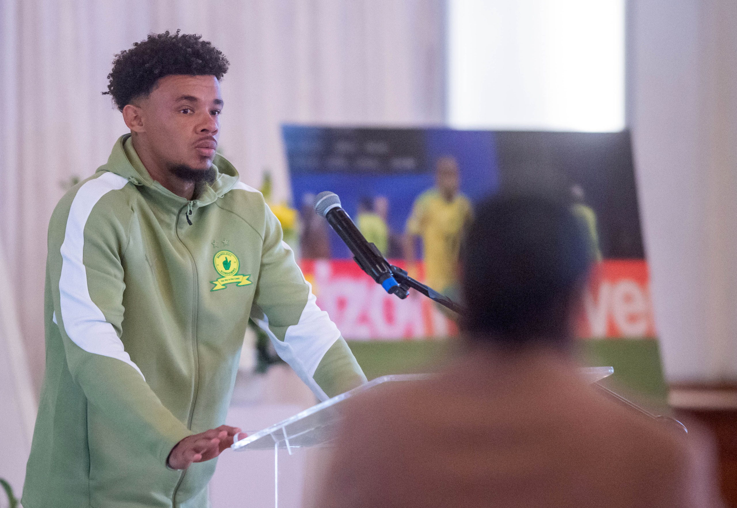 South Africa captain and Sundowns teammate Ronwen Williams pay s tribute to Jayden Adams during the Jayden Adams Memorial Service at the Stellenbosch Town Hall on 16 July 2026 © Reinhardt Hamman/BackpagePix