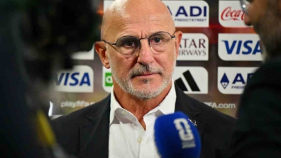 Spain's head coach Luis de la Fuente is interviewed after winning the FIFA World Cup 2026 semifinals match France against Spain, in Dallas, USA, 14 July 2026. EPA/SAM WASSON