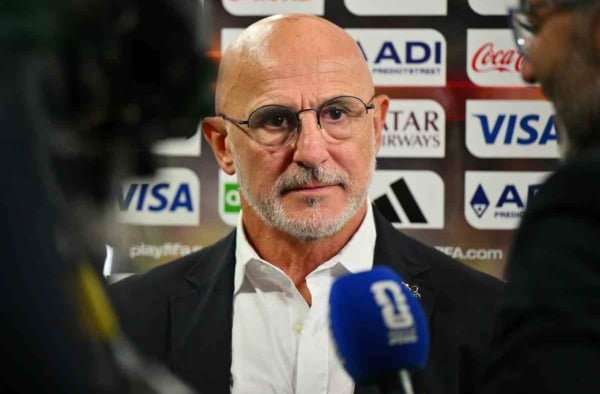 Spain's head coach Luis de la Fuente is interviewed after winning the FIFA World Cup 2026 semifinals match France against Spain, in Dallas, USA, 14 July 2026. EPA/SAM WASSON