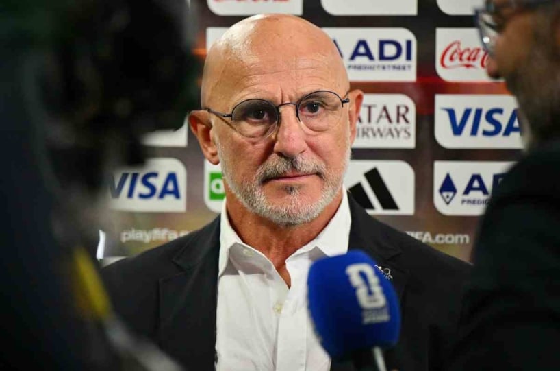 Spain's head coach Luis de la Fuente is interviewed after winning the FIFA World Cup 2026 semifinals match France against Spain, in Dallas, USA, 14 July 2026. EPA/SAM WASSON
