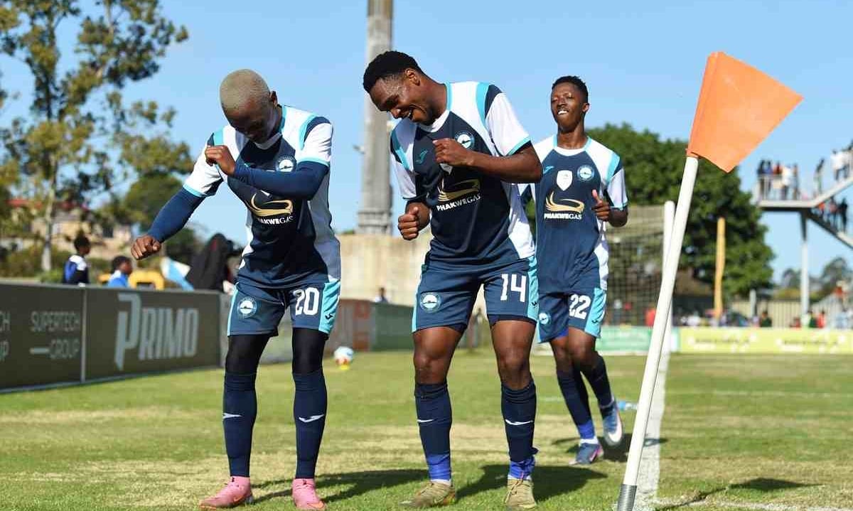 Moses Mthembu of Richards Bay celebrates goal with team mates during the KZN Premiers Cup 2026 match between Durban City and Richards Bay at Sugar Ray Xulu Stadium in Durban on 25 July 2026 ©Phakamisa Lensman/Backpagepix