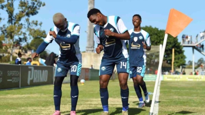 Moses Mthembu of Richards Bay celebrates goal with team mates during the KZN Premiers Cup 2026 match between Durban City and Richards Bay at Sugar Ray Xulu Stadium in Durban on 25 July 2026 ©Phakamisa Lensman/Backpagepix