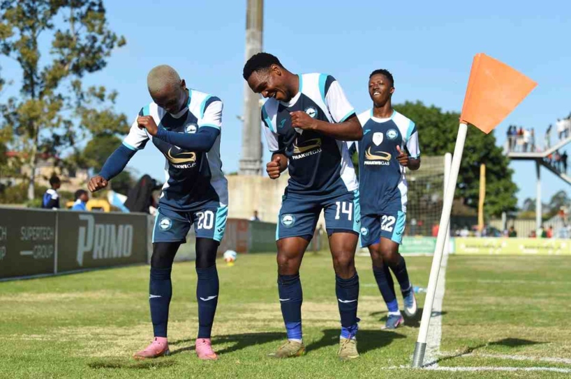 Moses Mthembu of Richards Bay celebrates goal with team mates during the KZN Premiers Cup 2026 match between Durban City and Richards Bay at Sugar Ray Xulu Stadium in Durban on 25 July 2026 ©Phakamisa Lensman/Backpagepix