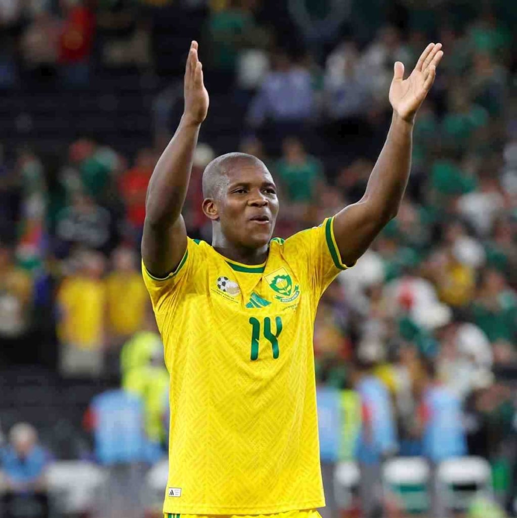 Mbekezeli Mbokazi of South Africa celebrates victory during the FIFA World Cup 2026 match between South Africa and South Korea at the Monterrey Stadium, Mexico on 24 June 2026 ©Gavin Barker/BackpagePix