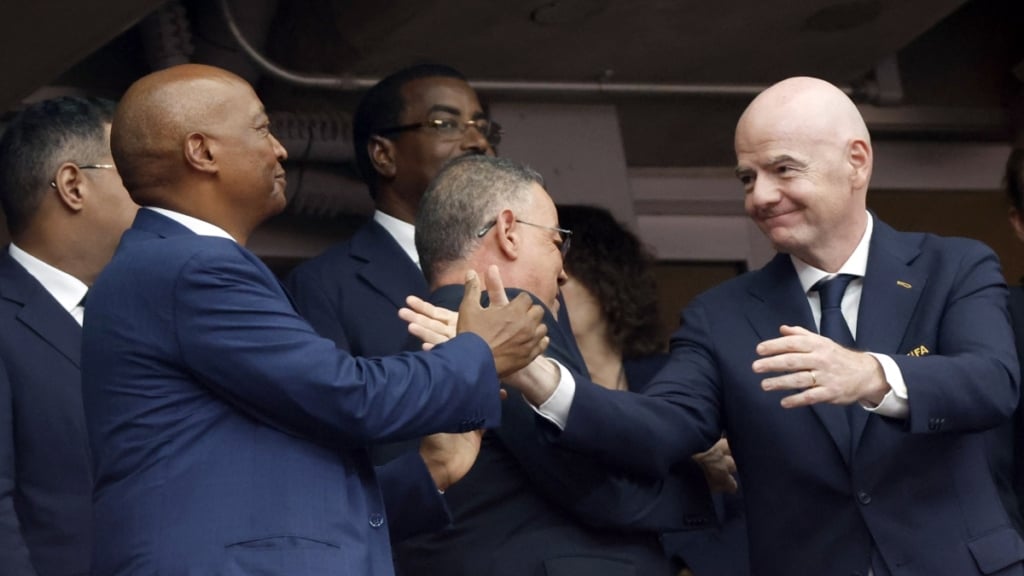 CAF President Patrice Motsepe greets Fifa President Gianni Infantino during the FIFA World Cup 2026 Last 32 match between Canada and Morocco at the Houston Stadium, Houston, America on 04 July 2026 ©Gavin Barker/BackpagePix
