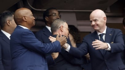 CAF President Patrice Motsepe greets Fifa President Gianni Infantino during the FIFA World Cup 2026 Last 32 match between Canada and Morocco at the Houston Stadium, Houston, America on 04 July 2026 ©Gavin Barker/BackpagePix