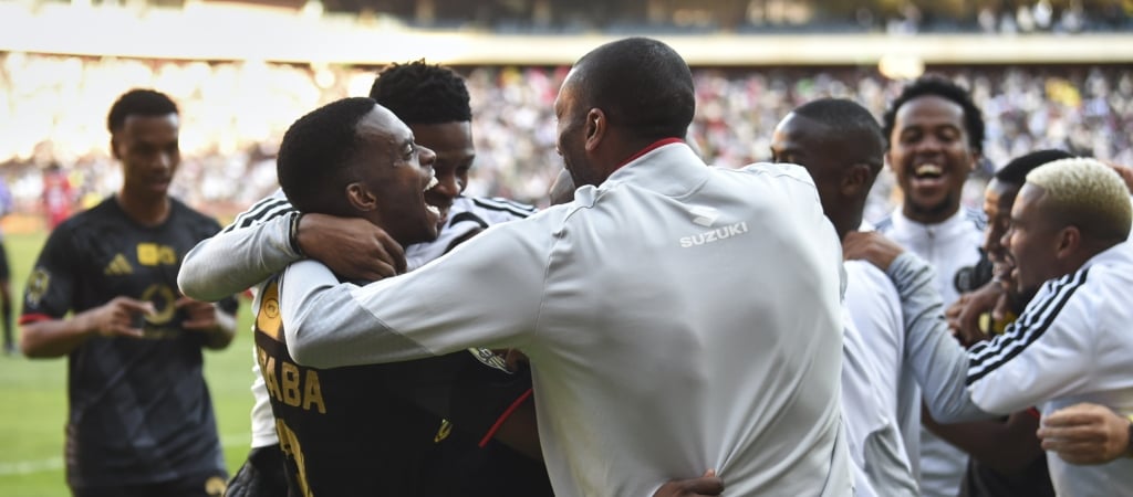 Kamogelo Sebelebele of Orlando Pirates celebrates goal with team mates during the 2026 MTN8 Semi Final 2nd Leg match between Orlando Pirates and Sekhukhune United at Orlando Amstel Arena in Soweto on 29 August 2026 ©Phakamisa Lensman/Backpagepix