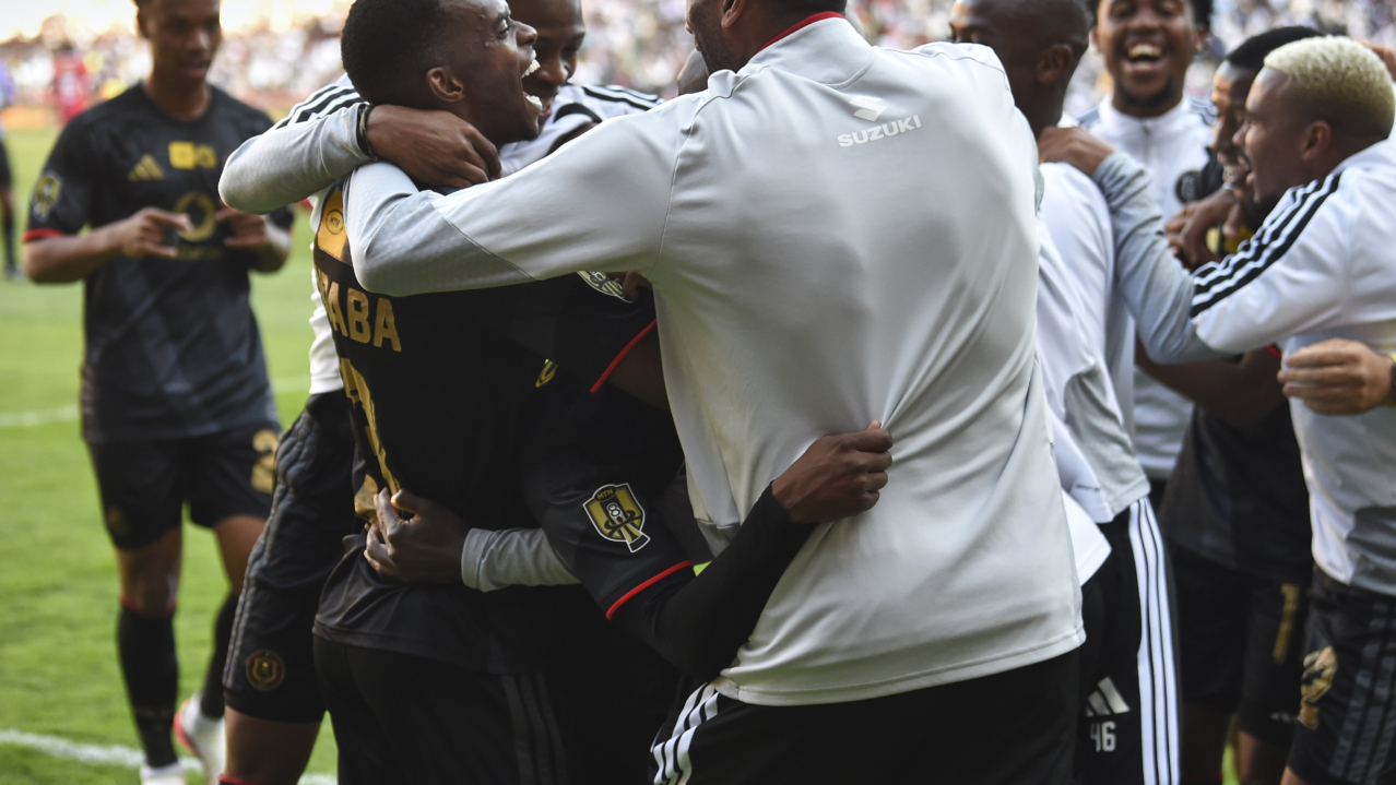 Kamogelo Sebelebele of Orlando Pirates celebrates goal with team mates during the 2026 MTN8 Semi Final 2nd Leg match between Orlando Pirates and Sekhukhune United at Orlando Amstel Arena in Soweto on 29 August 2026 ©Phakamisa Lensman/Backpagepix
