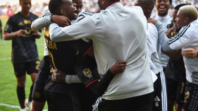 Kamogelo Sebelebele of Orlando Pirates celebrates goal with team mates during the 2026 MTN8 Semi Final 2nd Leg match between Orlando Pirates and Sekhukhune United at Orlando Amstel Arena in Soweto on 29 August 2026 ©Phakamisa Lensman/Backpagepix