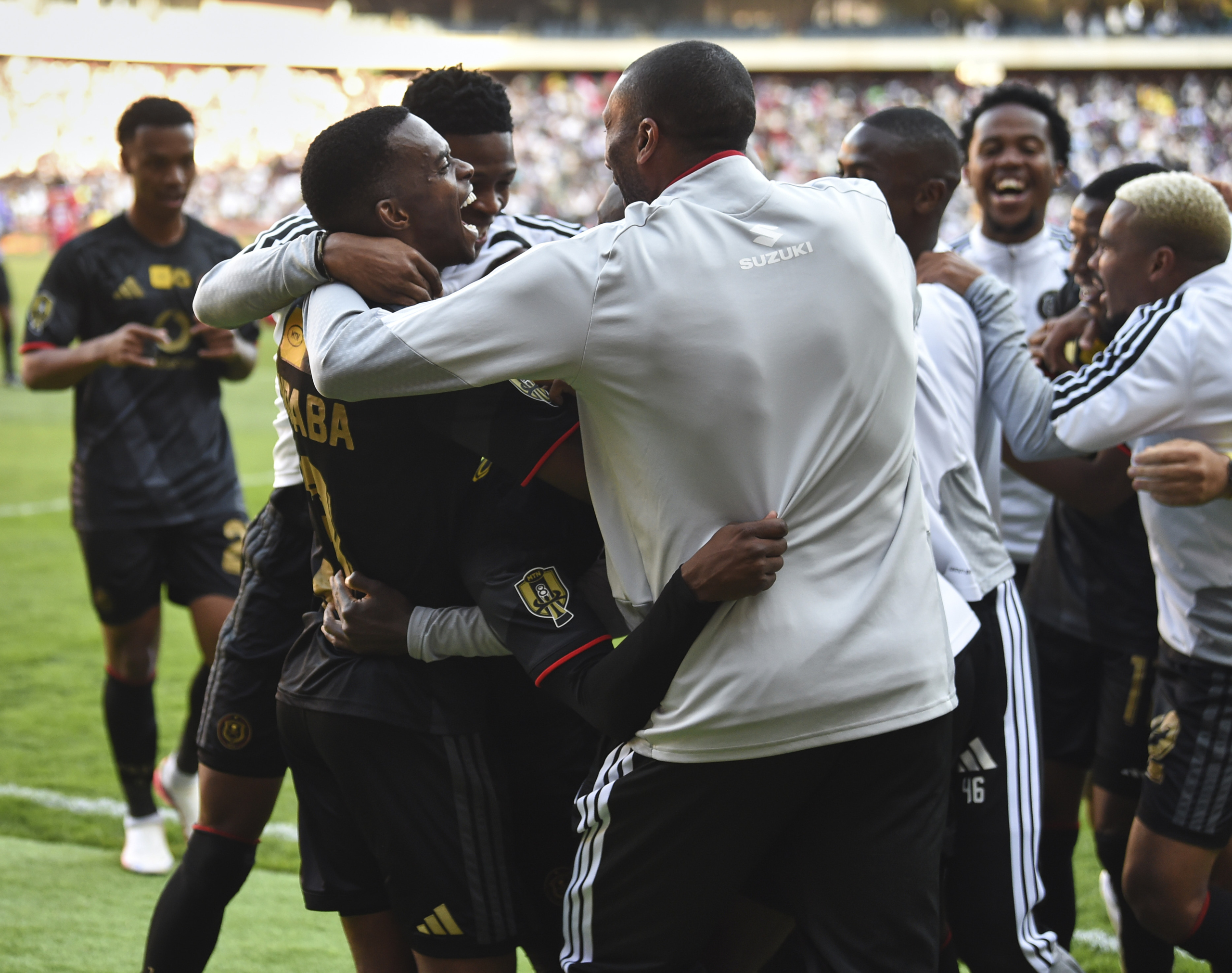 Kamogelo Sebelebele of Orlando Pirates celebrates goal with team mates during the 2026 MTN8 Semi Final 2nd Leg match between Orlando Pirates and Sekhukhune United at Orlando Amstel Arena in Soweto on 29 August 2026 ©Phakamisa Lensman/Backpagepix