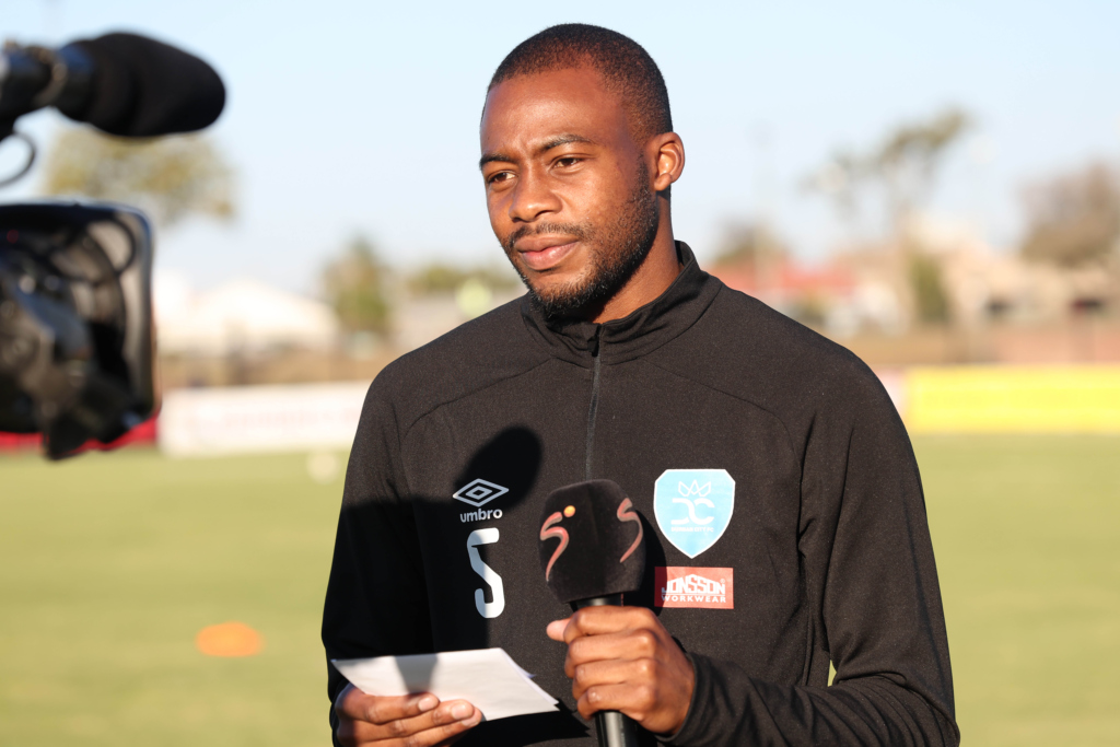 Siphamandla Ncanana of Durban City is interviewed during Betway Premiership 2026/27 match between Sekhukhune United and Durban City at Seshego Stadium in Polokwane on 01 August 2026 ©Brian Rikhotso/BackpagePix