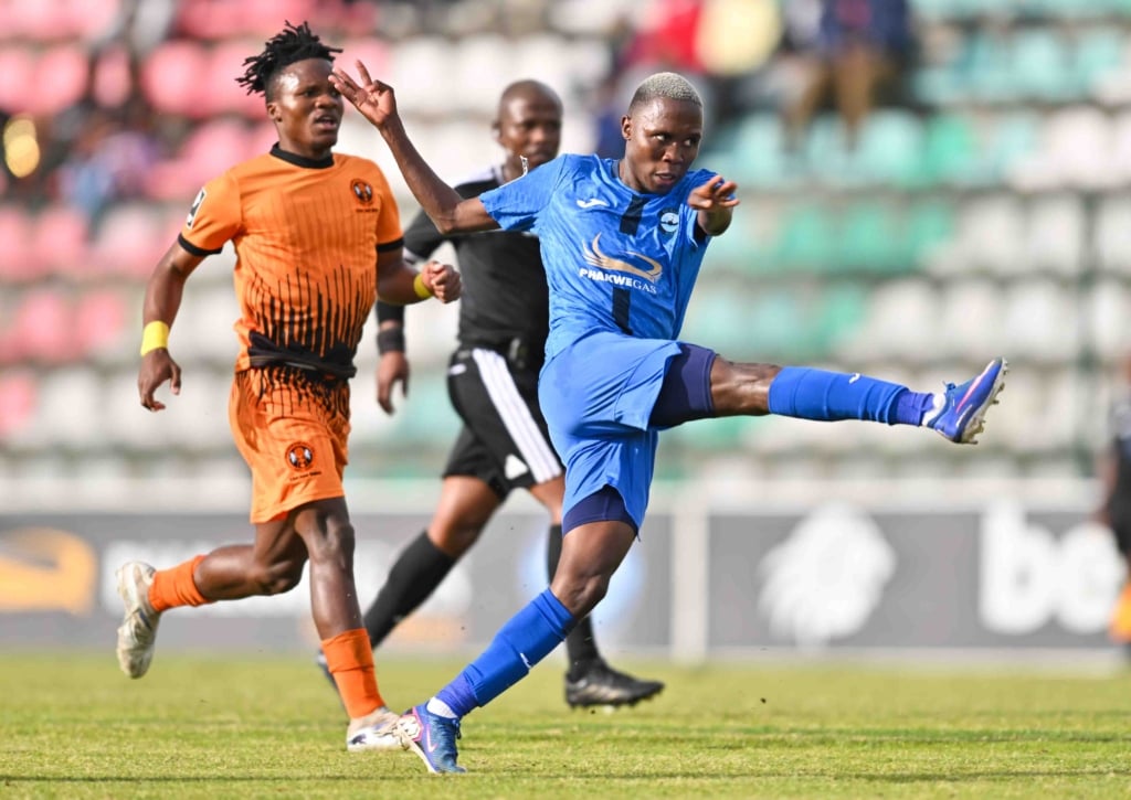 Lindokuhle Zikhali of Richards Bay shoots towards goal during the Betway Premiership 2026/27 match between Richards Bay and Polokwane City at Umhlathuze Sports Complex in Richards Bay on 2 August 2026 ©Alche Greeff/BackpagePix