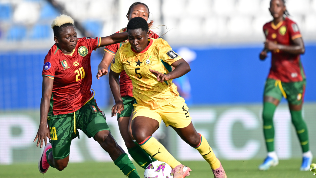 Grace Asantewaa of Ghana challenges Genevieve Edith Ngo Mbeleck of Cameroon during the 2026 Womens Africa Cup of Nations match between Ghana and Cameroon at Moulay Rachid Stadium in Casablanca, Morocco on 02 August 2026 Nabil Ramdani/BackpagePix