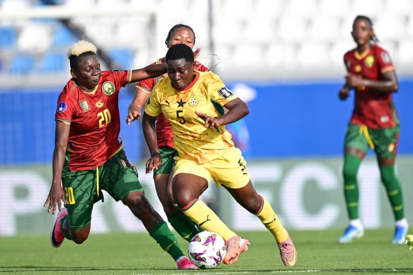 Grace Asantewaa of Ghana challenges Genevieve Edith Ngo Mbeleck of Cameroon during the 2026 Womens Africa Cup of Nations match between Ghana and Cameroon at Moulay Rachid Stadium in Casablanca, Morocco on 02 August 2026 Nabil Ramdani/BackpagePix