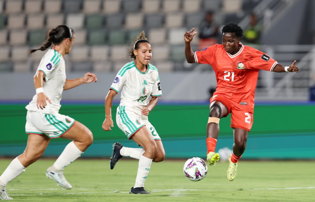 Fasila Adhiambo of Kenya challenged by Lana Lili Smits Ouraghi and Roselene Khezami of Algeria during the 2026 Womens Africa Cup of Nations match between Kenya and Algeria at Olympic Stadium in Rabat, Morocco on 03 August 2026 ©Muzi Ntombela/BackpagePix