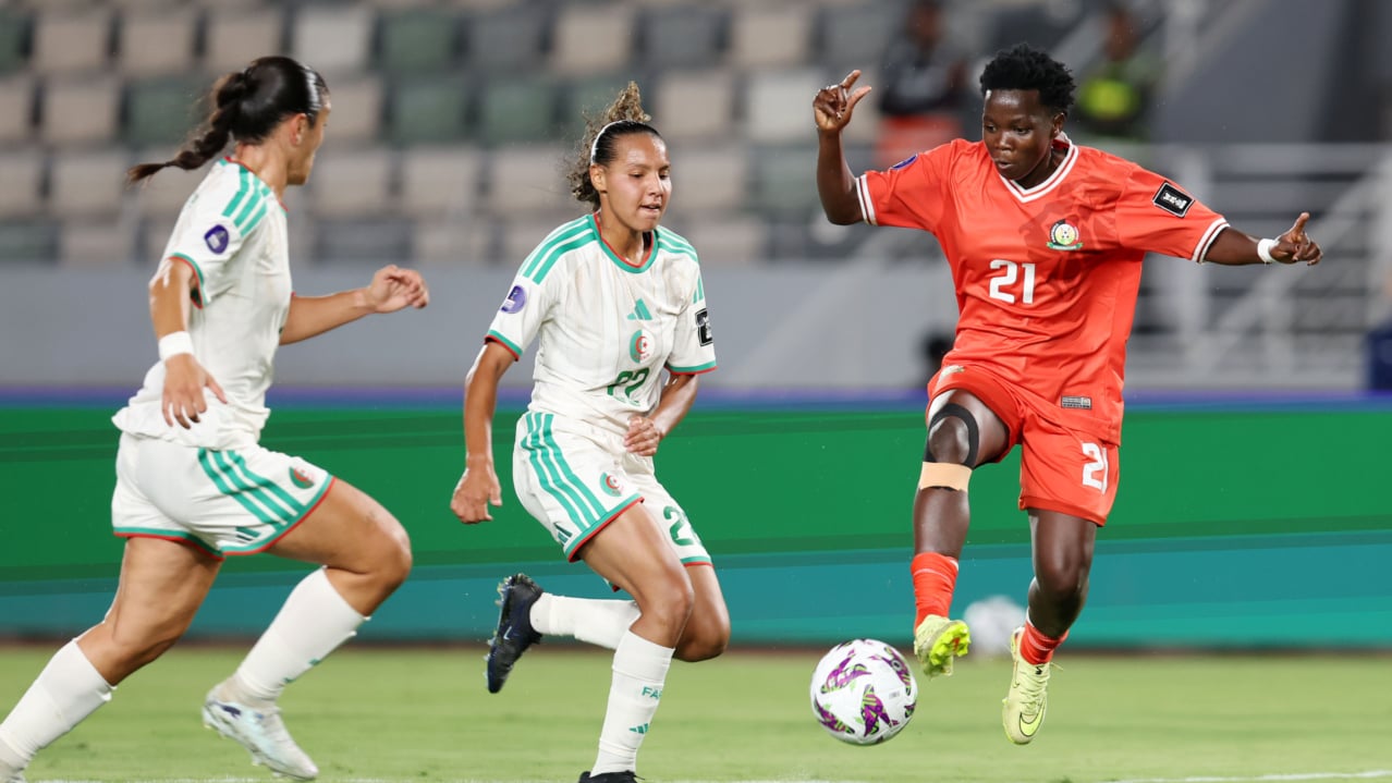 Fasila Adhiambo of Kenya challenged by Lana Lili Smits Ouraghi and Roselene Khezami of Algeria during the 2026 Womens Africa Cup of Nations match between Kenya and Algeria at Olympic Stadium in Rabat, Morocco on 03 August 2026 ©Muzi Ntombela/BackpagePix