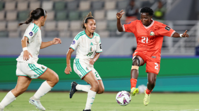 Fasila Adhiambo of Kenya challenged by Lana Lili Smits Ouraghi and Roselene Khezami of Algeria during the 2026 Womens Africa Cup of Nations match between Kenya and Algeria at Olympic Stadium in Rabat, Morocco on 03 August 2026 ©Muzi Ntombela/BackpagePix