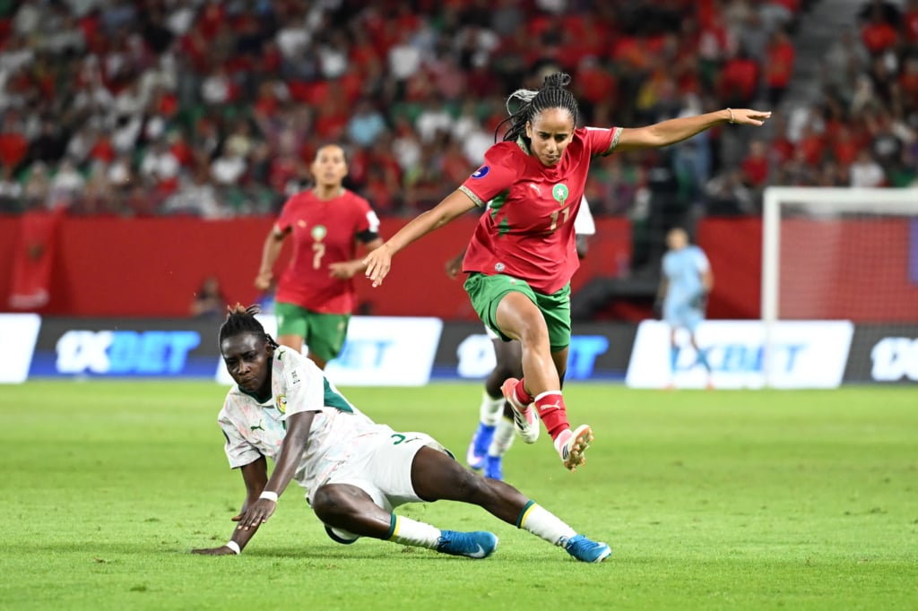 Fatima Tagnaout of Morocco challenged by Mareme Babou of Senegal during the 2026 Womens Africa Cup of Nations football match between Senegal and Morocco at Moulay El Hassan Stadium in Rabat, Morocco on 3 August 2026 ©Nokwanda Zondi/BackpagePix