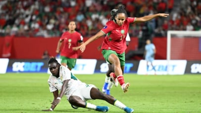 Fatima Tagnaout of Morocco challenged by Mareme Babou of Senegal during the 2026 Womens Africa Cup of Nations football match between Senegal and Morocco at Moulay El Hassan Stadium in Rabat, Morocco on 3 August 2026 ©Nokwanda Zondi/BackpagePix