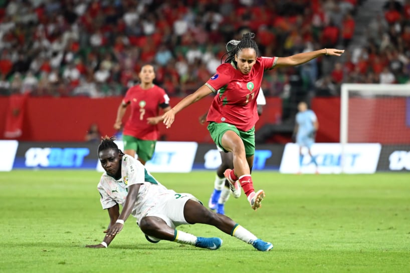 Fatima Tagnaout of Morocco challenged by Mareme Babou of Senegal during the 2026 Womens Africa Cup of Nations football match between Senegal and Morocco at Moulay El Hassan Stadium in Rabat, Morocco on 3 August 2026 ©Nokwanda Zondi/BackpagePix