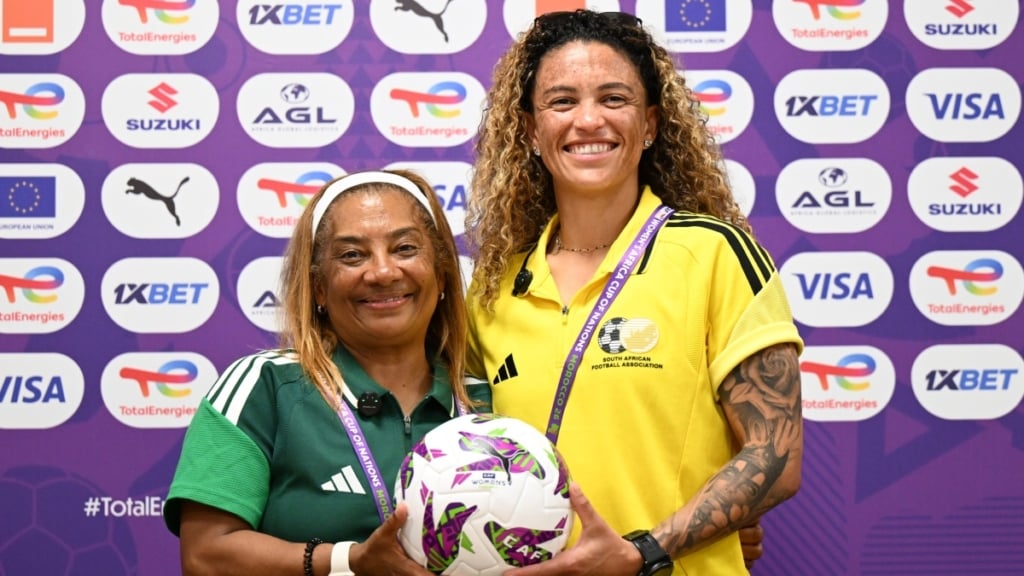 Dr Desiree Ellis coach of South Africa and Kaylin Swart of South Africa during the Women's Africa Cup Of Nations South Africa Press Conference on the 03 August 2026 at Labi Zaouli Stadium in Casablanca ©Sydney Mahlangu BackpagePix