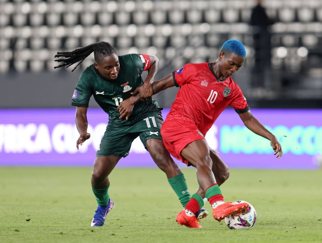 Temwa Chawinga of Malawi challenged by Barbra Banda of Zambia during the 2026 Womens Africa Cup of Nations match between Malawi and Zambia at Al Madina Stadium in Rabat, Morocco on 05 August 2026 ©Muzi Ntombela/BackpagePix