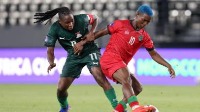 Temwa Chawinga of Malawi challenged by Barbra Banda of Zambia during the 2026 Womens Africa Cup of Nations match between Malawi and Zambia at Al Madina Stadium in Rabat, Morocco on 05 August 2026 ©Muzi Ntombela/BackpagePix