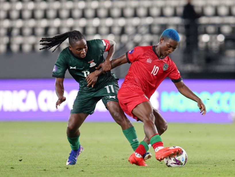 Temwa Chawinga of Malawi challenged by Barbra Banda of Zambia during the 2026 Womens Africa Cup of Nations match between Malawi and Zambia at Al Madina Stadium in Rabat, Morocco on 05 August 2026 ©Muzi Ntombela/BackpagePix