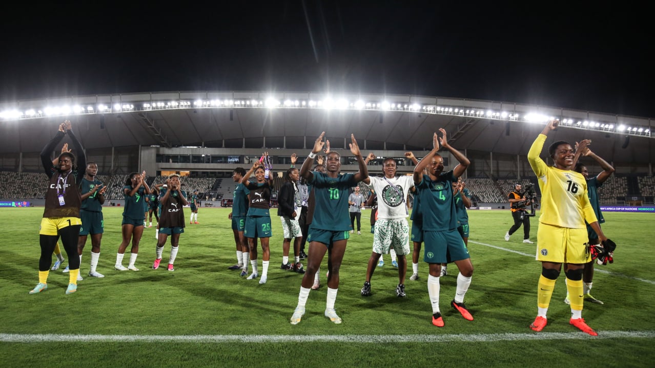 Christy Onyenaturuchi Ucheibe of Nigeria celebrates victory during the 2026 Womens Africa Cup of Nations match between Egypt and Nigeria in Rabat, Morocco on 04 August 2026 ©Weam Mostafa/BackpagePix