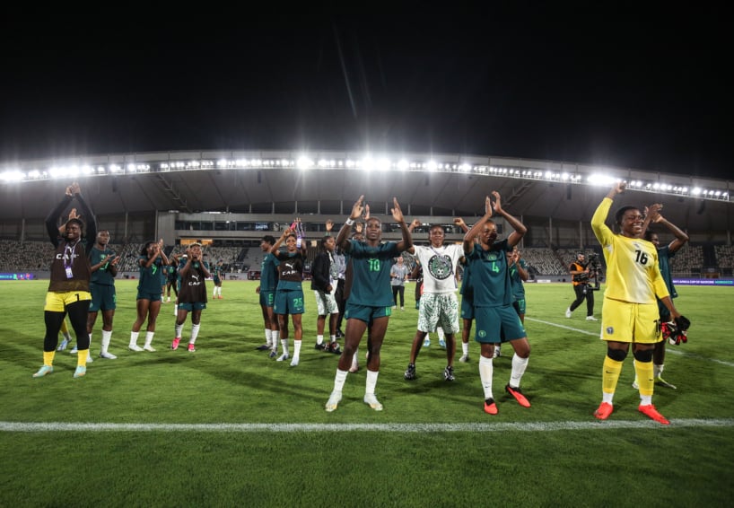 Christy Onyenaturuchi Ucheibe of Nigeria celebrates victory during the 2026 Womens Africa Cup of Nations match between Egypt and Nigeria in Rabat, Morocco on 04 August 2026 ©Weam Mostafa/BackpagePix