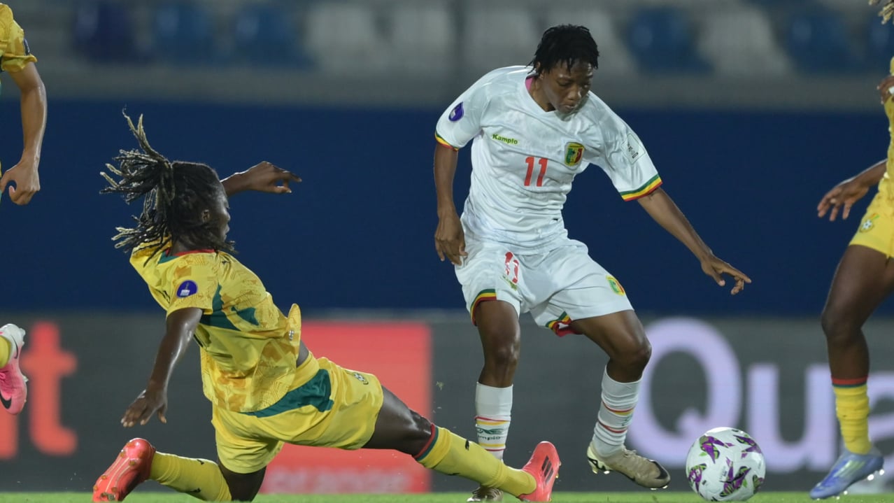 Salimata Diarra of Mali challenges Jennifer Cudjoe of Ghana during the 2026 Womens Africa Cup of Nations match between Mali and Ghana at Moulay Rachid Stadium in Casablanca, Morocco on 06 August 2026 Nabil Ramdani/BackpagePix