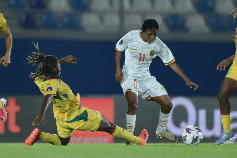Salimata Diarra of Mali challenges Jennifer Cudjoe of Ghana during the 2026 Womens Africa Cup of Nations match between Mali and Ghana at Moulay Rachid Stadium in Casablanca, Morocco on 06 August 2026 Nabil Ramdani/BackpagePix