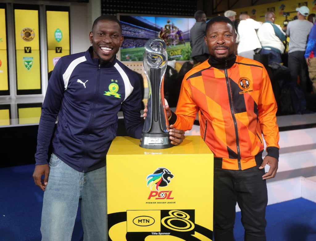 Aubrey Modiba of Mamelodi Sundowns and Puleng Marema of Polokwane City during 2026 MTN8 Launch at Supersport Studio in Johannesburg, on 05 August 2026 ©Samuel Shivambu/BackpagePix