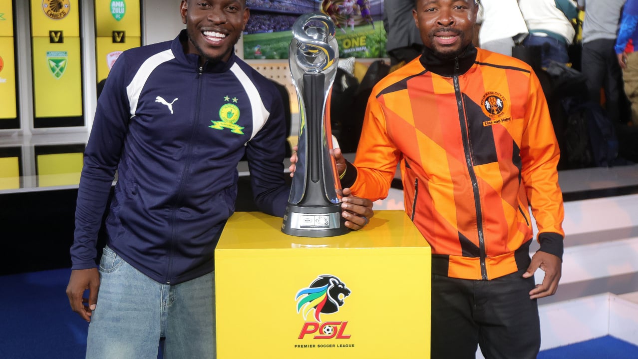 Aubrey Modiba of Mamelodi Sundowns and Puleng Marema of Polokwane City during 2026 MTN8 Launch at Supersport Studio in Johannesburg, on 05 August 2026 ©Samuel Shivambu/BackpagePix