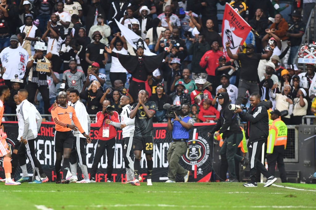 Gamphani Lungu of Orlando Pirates celebrates goal during the 2026 MTN8 quarterfinal match between Orlando Pirates and Durban City at Orlando Amstel Arena in Soweto on 08 August 2026 ©Phakamisa Lensman/Backpagepix