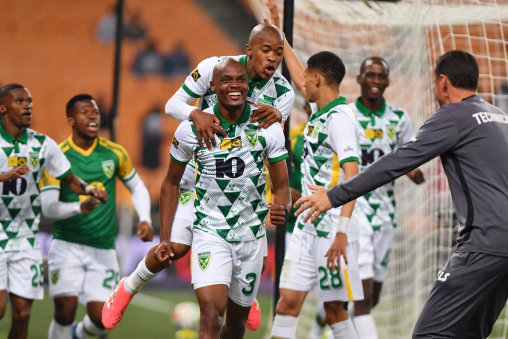 Khulekani Shezi of Lamontville Golden Arrows celebrates goal with team mates during the 2026 MTN8 quarterfinal match between Kaizer Chiefs and Golden Arrows at FNB Stadium in Johannesburg on 09 August 2026 ©Phakamisa Lensman/Backpagepix