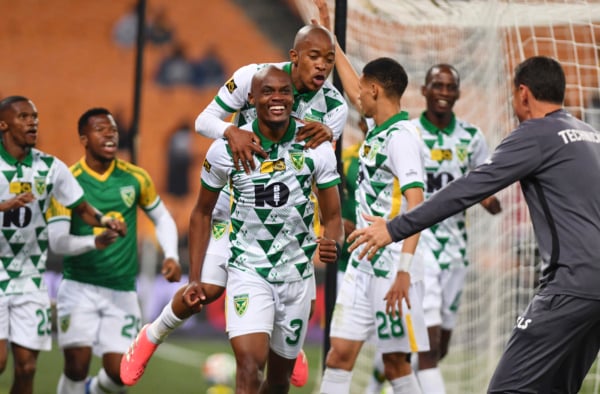 Khulekani Shezi of Lamontville Golden Arrows celebrates goal with team mates during the 2026 MTN8 quarterfinal match between Kaizer Chiefs and Golden Arrows at FNB Stadium in Johannesburg on 09 August 2026 ©Phakamisa Lensman/Backpagepix