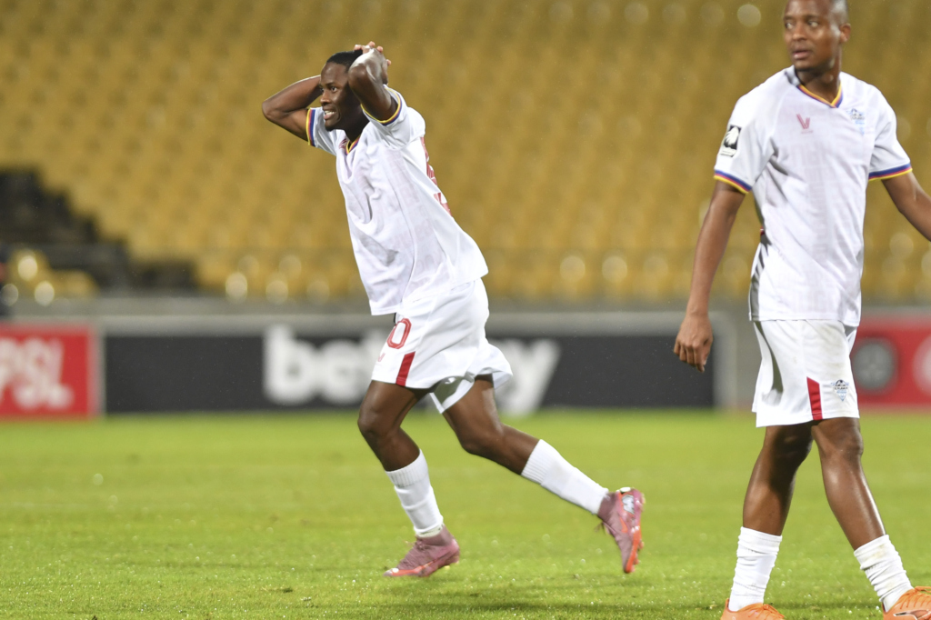 Aphiwe Mphothe of Kruger United reacts after missed chance during the Betway Premiership 2026/27 match between Marumo Gallants and Kruger United at Royal Bafokeng Stadium in Rustenburg on 11 August 2026 ©Phakamisa Lensman/Backpagepix