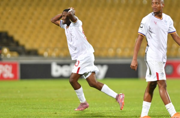 Aphiwe Mphothe of Kruger United reacts after missed chance during the Betway Premiership 2026/27 match between Marumo Gallants and Kruger United at Royal Bafokeng Stadium in Rustenburg on 11 August 2026 ©Phakamisa Lensman/Backpagepix