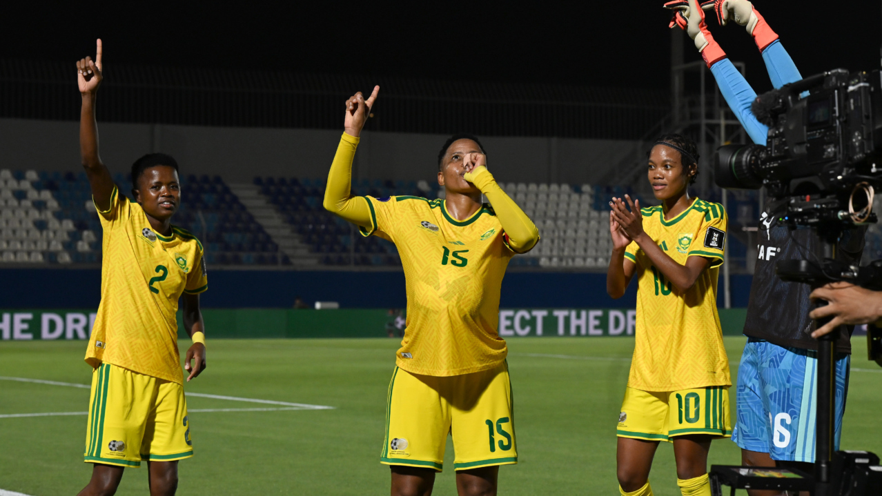 Refiloe Jane of South Africa celebrates goal during the 2026 Womens Africa Cup of Nations World Cup Qualifier match between South Africa and Nigeria at Moulay Rachid Stadium in Casablanca, Morocco on 13 August 2026 ©Sydney Mahlangu/BackpagePix