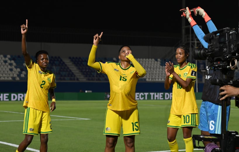 Refiloe Jane of South Africa celebrates goal during the 2026 Womens Africa Cup of Nations World Cup Qualifier match between South Africa and Nigeria at Moulay Rachid Stadium in Casablanca, Morocco on 13 August 2026 ©Sydney Mahlangu/BackpagePix