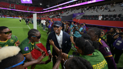 Cameroon players celebrate their victory and title triumph with Cameroon Football Federation President Samuel Etoo during the 2026 Womens Africa Cup of Nations match between Cameroon and Malawi at Moulay El Hassan Stadium in Rabat, Morocco on 16 August 2026 Nabil Ramdani/BackpagePix