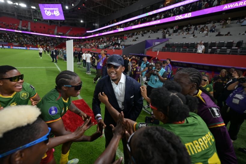 Cameroon players celebrate their victory and title triumph with Cameroon Football Federation President Samuel Etoo during the 2026 Womens Africa Cup of Nations match between Cameroon and Malawi at Moulay El Hassan Stadium in Rabat, Morocco on 16 August 2026 Nabil Ramdani/BackpagePix