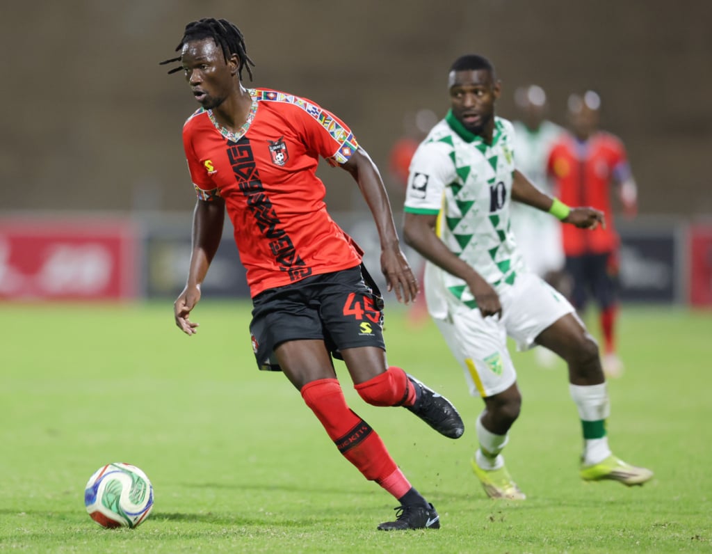 Veluyeke Zulu of TS Galaxy challenged by Junior Dion of Golden Arrows during Betway Premiership 2026/27 match between TS Galaxy and Golden Arrows at Solomon Mahlangu Stadium in Mpumalanga, on 16 August 2026 ©Samuel Shivambu/BackpagePix