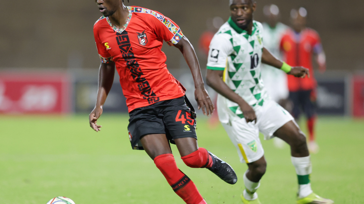Veluyeke Zulu of TS Galaxy challenged by Junior Dion of Golden Arrows during Betway Premiership 2026/27 match between TS Galaxy and Golden Arrows at Solomon Mahlangu Stadium in Mpumalanga, on 16 August 2026 ©Samuel Shivambu/BackpagePix